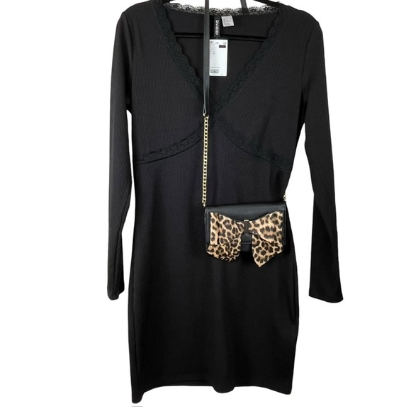 Crossi Small Bag / Crossbody Wallet on a Strap Black & Leopard Print Bow - Picture 2 of 10